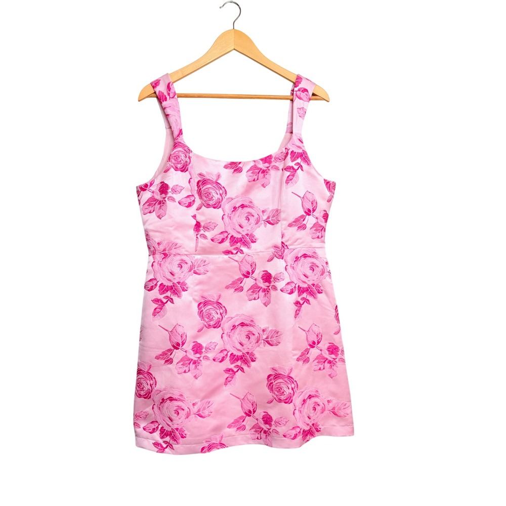 Lulus Pink Floral Jacquard Mini Dress Square Neck Satin XL NEW